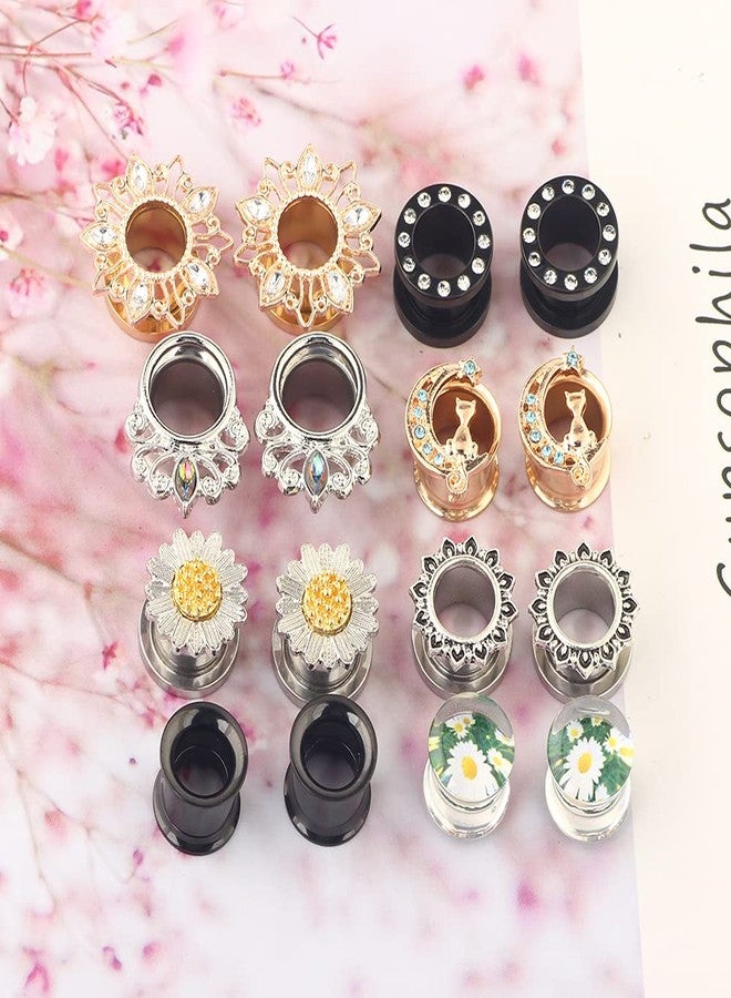 Suotarn 8 Pairs Ear Tunnels Gauges For Women Black Internally Flare Earrings Plugs Gauges For Ear Stainless Steel Plug Tunnel Piercing Stretcher Kit Rhinestone Flower Drop 10mm 00g - Image 5
