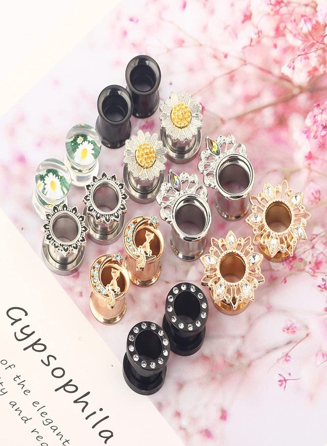 Suotarn 8 Pairs Ear Tunnels Gauges For Women Black Internally Flare Earrings Plugs Gauges For Ear Stainless Steel Plug Tunnel Piercing Stretcher Kit Rhinestone Flower Drop 10mm 00g - Image 4