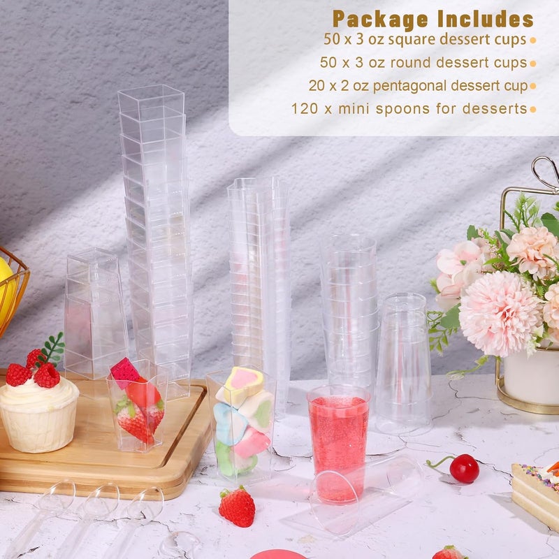ALEXPRE 240 Packs 23 oz Mini Dessert Cups with Spoons SquareRoundFivepointed Star Clear Dessert Parfait Cups Mini Plastic Dessert Cups Small Reusable Fruit Ice Cream Pudding Appetizer Cup Bowls - Image 3