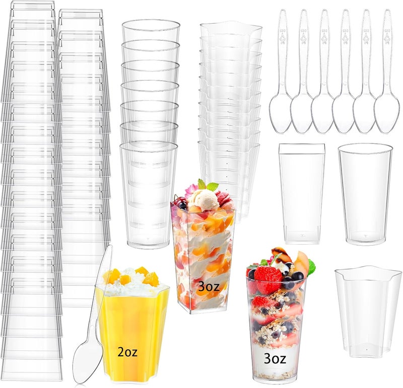 ALEXPRE 240 Packs 23 oz Mini Dessert Cups with Spoons SquareRoundFivepointed Star Clear Dessert Parfait Cups Mini Plastic Dessert Cups Small Reusable Fruit Ice Cream Pudding Appetizer Cup Bowls - Image 1