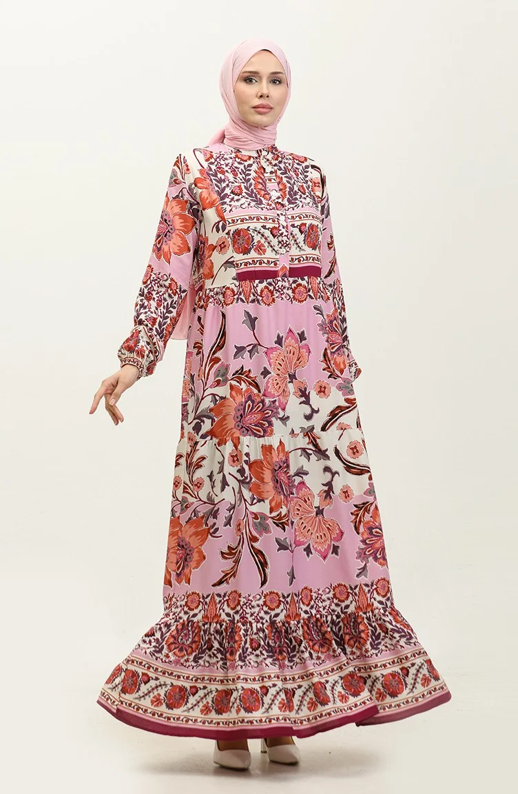 سيفا ميرفي Alaçatı Patterned Viscose Dress 0334-02 Beige Dusty Rose