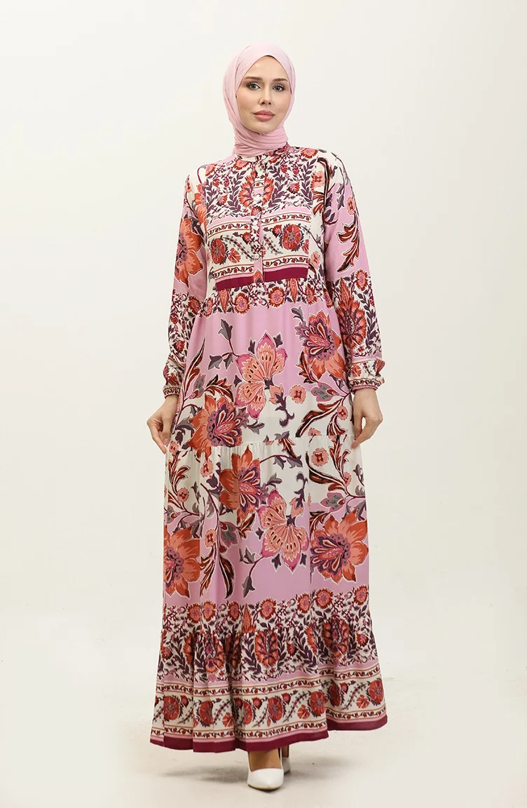 سيفا ميرفي Alaçatı Patterned Viscose Dress 0334-02 Beige Dusty Rose