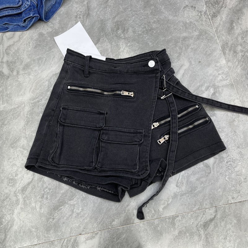 Womens Korean-style irregular multi-pocket workwear A- line shorts loose wide-leg pants 2023 Summer bottoming denim skirt Black 11617 - Image 1