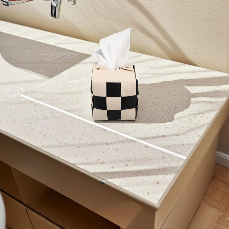 Decorative Plaid Artificial Leather Tissue Box Cover Cube Holder For Desk Vanity - Image 5