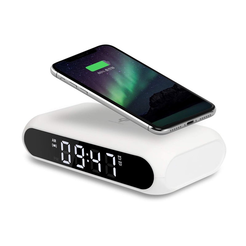 mooas Qi Wireless Charging Slim Mirror Desk Clock White Compact Digital Alarm Clock with USB Port Wireless Charger for iPhone 1515Pro1414Pro Airpods Samsung Galaxy S24S23S22