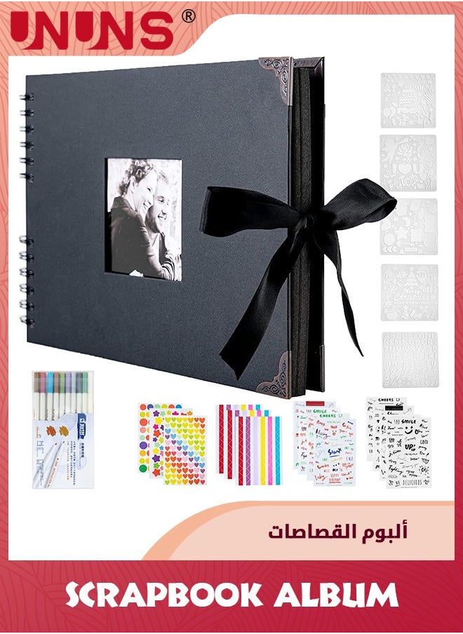 UNUNS ألبوم سجل القصاصات، كتاب قصاصات بغلاف مقوى مكون من 80 صفحة من ورق الحرف الأسود، مجموعة سجل القصاصات المصنوعة يدويًا تتضمن ملصقات، لوحات فنية، أقلام تلوين لحفلات الزفاف/الذكرى السنوية/التخرج/السفر، أسود  - Image 1