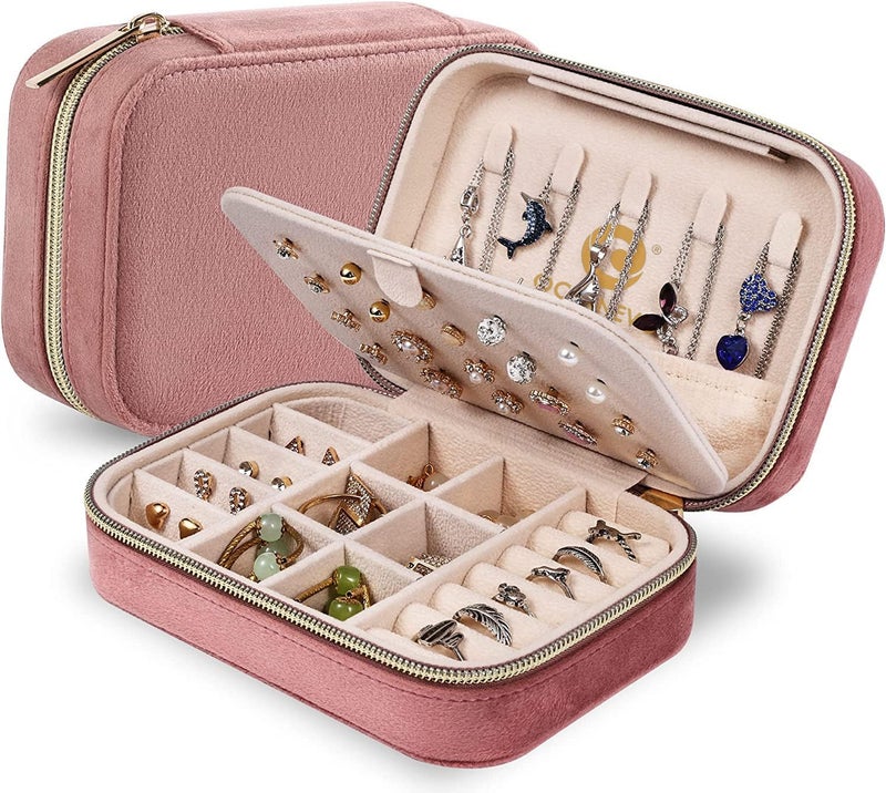 OCEANEVO Velvet Jewellery Box for Women, Travel Earrings Organiser Box, Portable Jewellery Box Organisers for Rings, Earrings, Bracelets, Necklaces - 16 x 11 x 5 CM - Pink - 2 Layer - Image 1