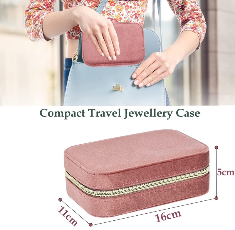 OCEANEVO Velvet Jewellery Box for Women, Travel Earrings Organiser Box, Portable Jewellery Box Organisers for Rings, Earrings, Bracelets, Necklaces - 16 x 11 x 5 CM - Pink - 2 Layer - Image 2