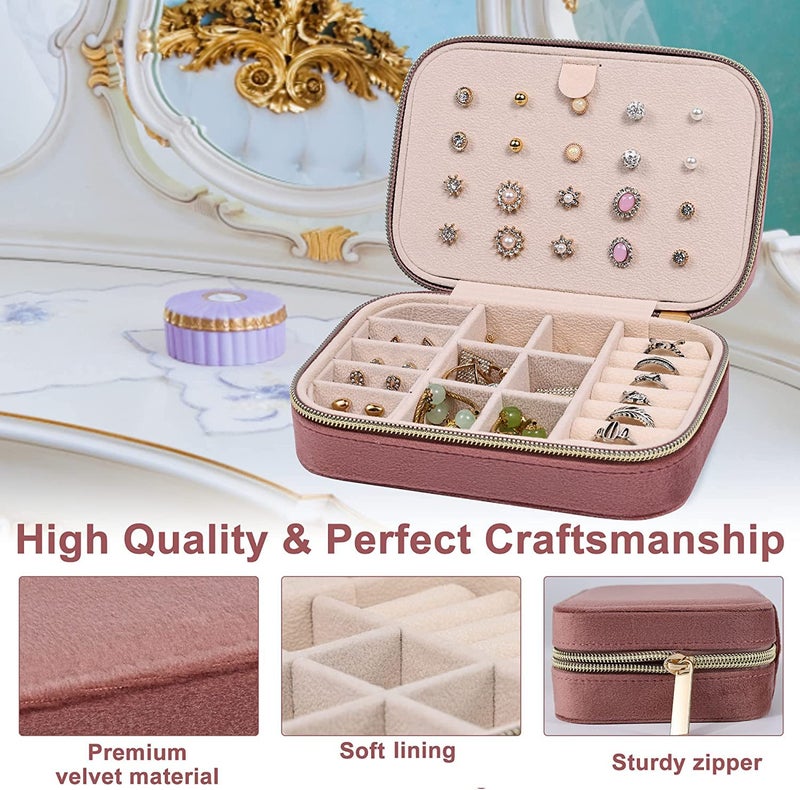 OCEANEVO Velvet Jewellery Box for Women, Travel Earrings Organiser Box, Portable Jewellery Box Organisers for Rings, Earrings, Bracelets, Necklaces - 16 x 11 x 5 CM - Pink - 2 Layer - Image 4