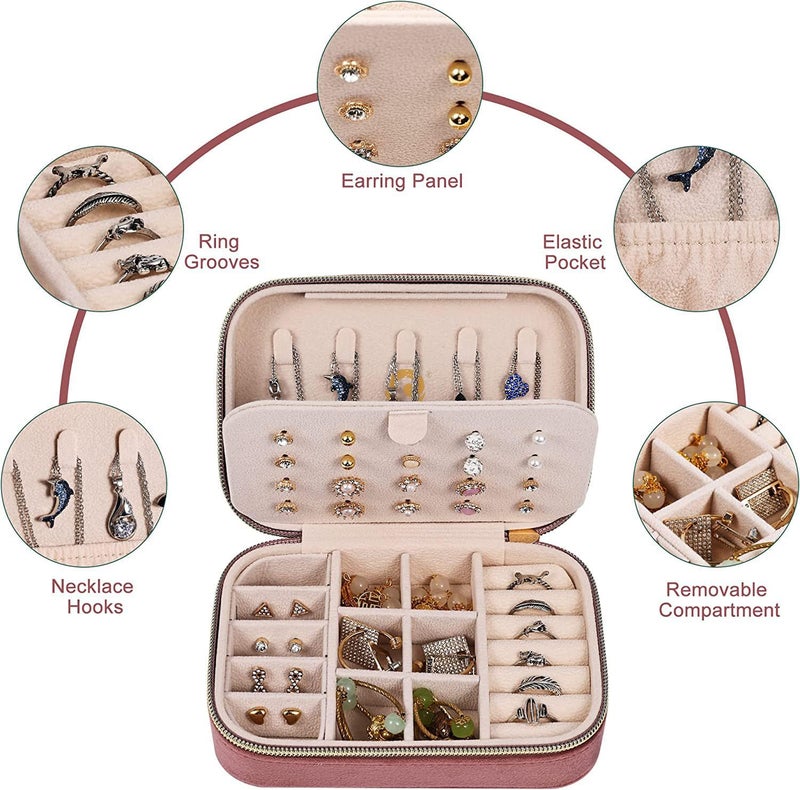 OCEANEVO Velvet Jewellery Box for Women, Travel Earrings Organiser Box, Portable Jewellery Box Organisers for Rings, Earrings, Bracelets, Necklaces - 16 x 11 x 5 CM - Pink - 2 Layer - Image 3