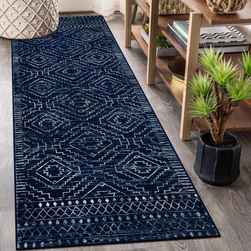 Wonnitar Washable Runner Rug for Kitchen 26x8 Moroccan Blue Hallway Carpet Runner NonSlip Long Geometric Rustic Entryway Floor Runner Soft Throw Mat for Bedroom Bathroom Closet Blue26x8