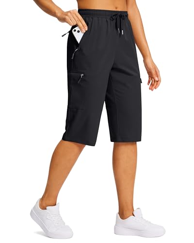 SANTINY 15" Long Shorts for Women Hiking Cargo Bermuda Shorts with 5 Zipper Pockets Lightweight Quick Dry Knee Length Capris (Black_XL) - Image 1