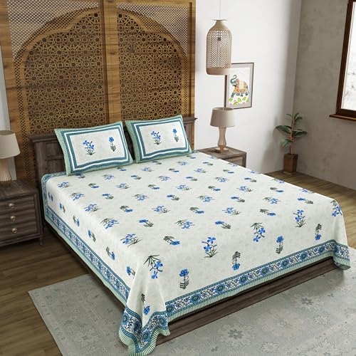 BLOCKS OF INDIA Hand Block Printed 200 TC Cotton King Size Bedsheet (Blue Green Flower) - Image 3