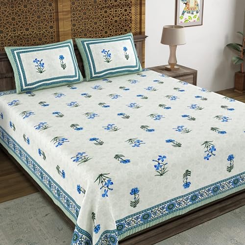 BLOCKS OF INDIA Hand Block Printed 200 TC Cotton King Size Bedsheet (Blue Green Flower) - Image 1