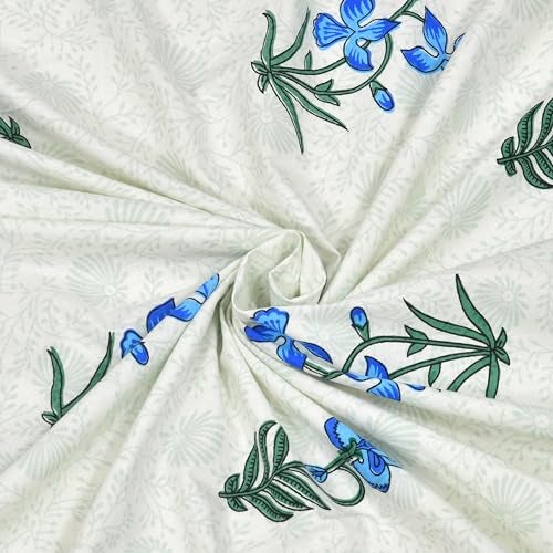 BLOCKS OF INDIA Hand Block Printed 200 TC Cotton King Size Bedsheet (Blue Green Flower) - Image 4