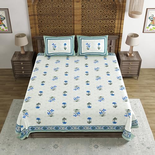BLOCKS OF INDIA Hand Block Printed 200 TC Cotton King Size Bedsheet (Blue Green Flower) - Image 2