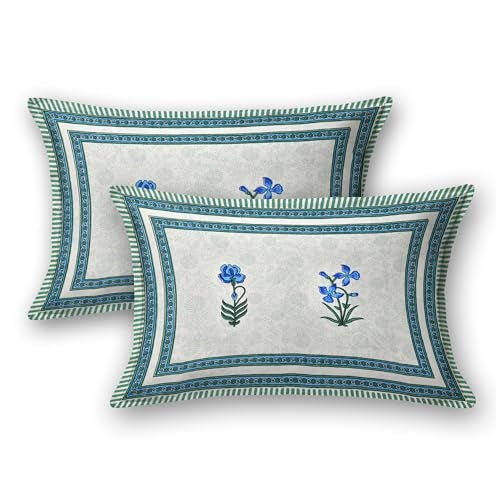 BLOCKS OF INDIA Hand Block Printed 200 TC Cotton King Size Bedsheet (Blue Green Flower) - Image 5