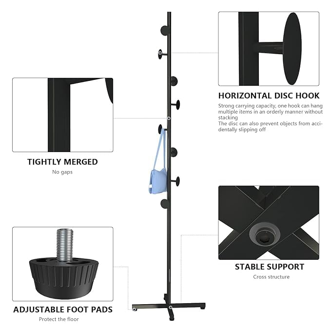 LOCOMOTO LOCOMOTO Coat Rack Stand With 8 Hooks Metal Coat Hanger Freestanding EntrywayHallway Bedroom Office for Hanging Clothes Jacket Hats Bags clothes Rails Umbrella Holders Black - Image 2
