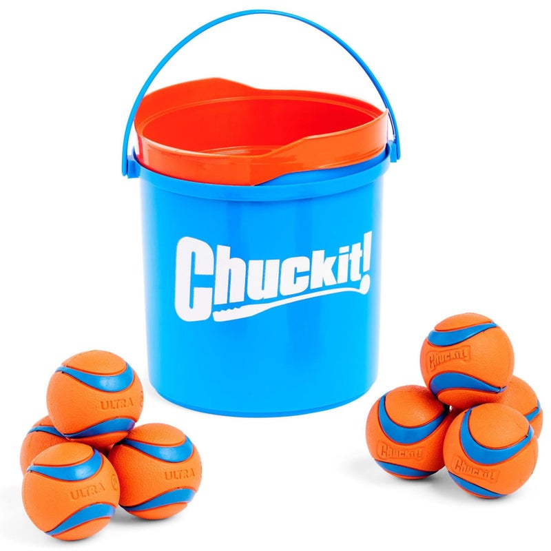 Chuckit! Ultra Ball Dog Toy with Chuckit! Cleaning Bucket Bundle, Bouncy Fetch Pet Toys For Dogs 20-60 lbs, Interactive Dog Toys, Durable Rubber, Size Medium, 2.5-inch Diameter, 8-Pack of Balls - Image 1