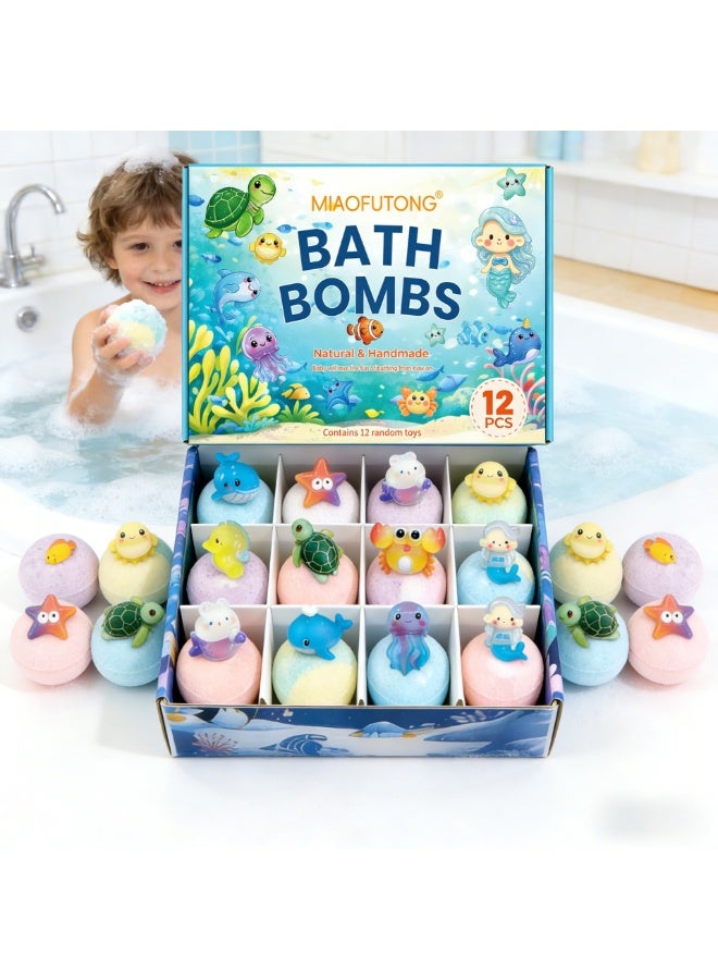 MIAOFUTONG Kids Bath Bombs with Surprise Toys, 12 Pack Ocean Themed Bath Bombs, Natural Handmade Fizzy Bath Bombs with Sea Animal Toys Inside, Gift Set for Boys & Girls - Image 1