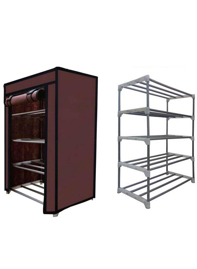 RAXON WORLD Multipurpose 4 Layer Metal Pipe With Non-Woven 100Gsm Fabric Cover Shoe/Cloth/Toy/Books Rack-Brown, 30X55X75 Cm - Image 1