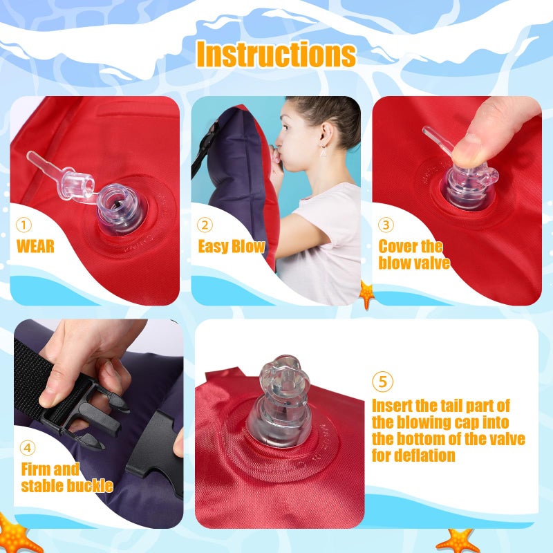 Lewtemi 1 Pcs Inflatable Swim Belt Pool Flotation Portable Waist Floatation Aid for Adults Adjustable Floating Swimming Training Aid Waist Belt with Buckle and Rope for Swimming Beginner(Red and Blue) - Image 2