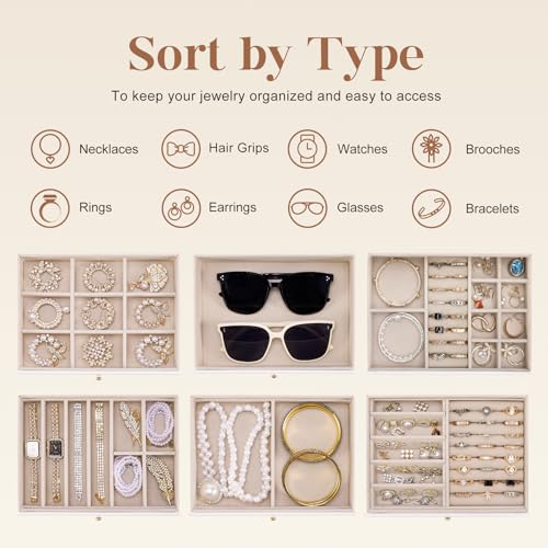 Dajasan Large Jewelry Organizer Box, Jewelry Boxes for Women Girls, 6-Tier Jewelry Storage Organizer with Mirror for Necklace Ring Bracelet Watch, Gift Idea (White) - Image 4