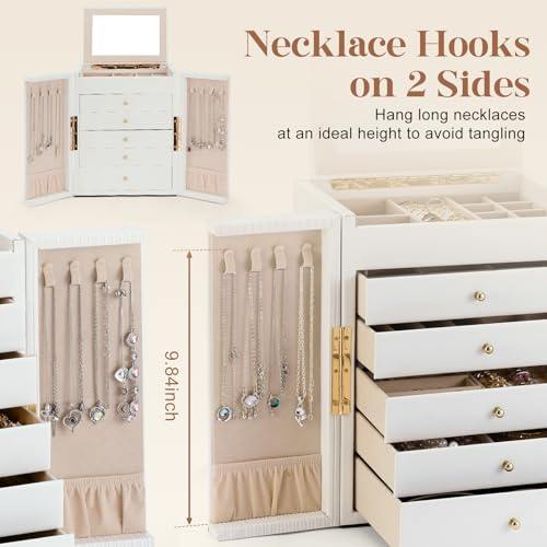 Dajasan Large Jewelry Organizer Box, Jewelry Boxes for Women Girls, 6-Tier Jewelry Storage Organizer with Mirror for Necklace Ring Bracelet Watch, Gift Idea (White) - Image 2