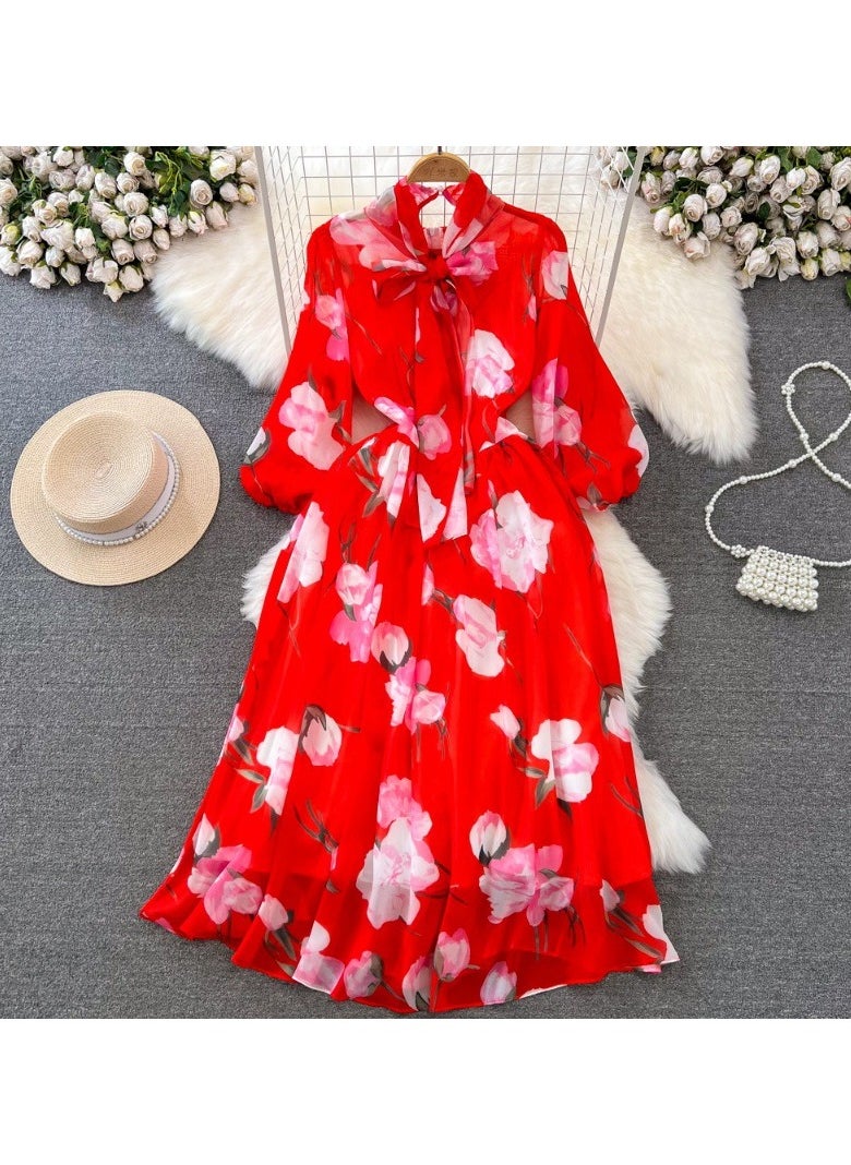 KUYING Seven Quarter Sleeve Bow Tie Waist Cinching A-Line Printed Chiffon Dress  - Image 1
