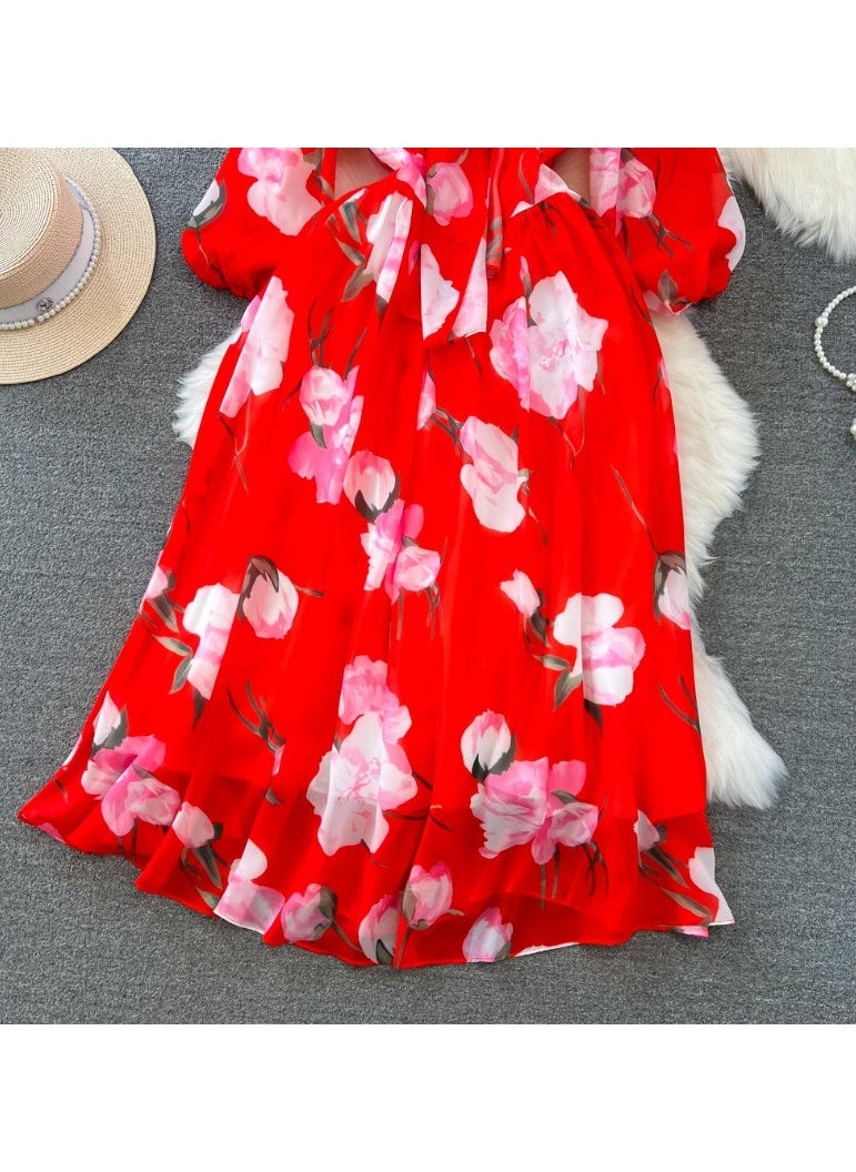 KUYING Seven Quarter Sleeve Bow Tie Waist Cinching A-Line Printed Chiffon Dress  - Image 3