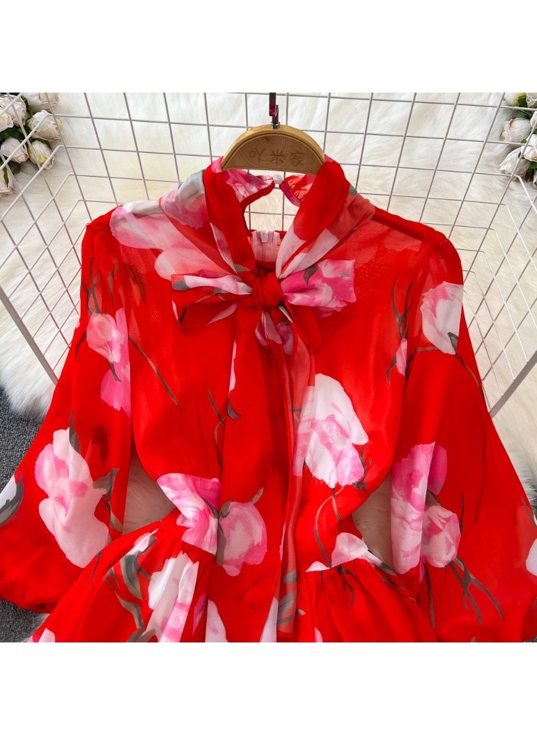 KUYING Seven Quarter Sleeve Bow Tie Waist Cinching A-Line Printed Chiffon Dress  - Image 2