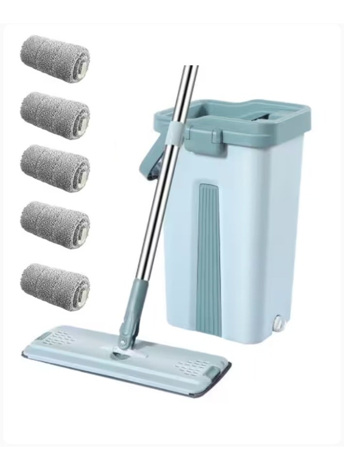 Microfiber Flat Mop with Bucket, Cleaning Squeeze Hand Free Floor Mop, 5 Reusable Mop Pads, Stainless Steel Handle,360° Rotating Head Squeeze Flat Mop (color green)