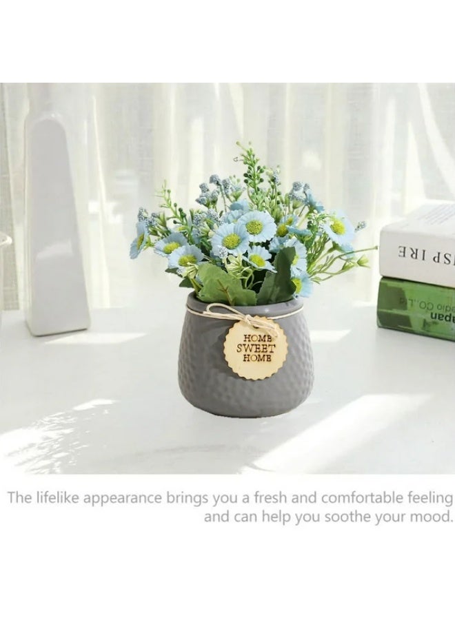 PTTIMFFM Artificial Potted Daisy Flowers Faux Silk Daisy Plant in Small Ceramic Vase for Rustic Home and Office Tabletop Decor（Blue flowers& grey pot） - Image 3