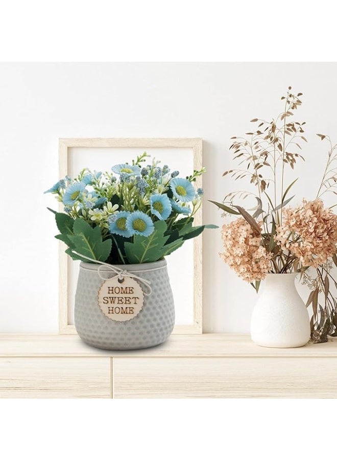 PTTIMFFM Artificial Potted Daisy Flowers Faux Silk Daisy Plant in Small Ceramic Vase for Rustic Home and Office Tabletop Decor（Blue flowers& grey pot） - Image 5