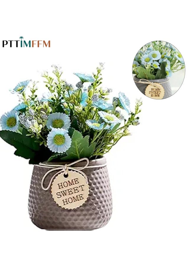 PTTIMFFM Artificial Potted Daisy Flowers Faux Silk Daisy Plant in Small Ceramic Vase for Rustic Home and Office Tabletop Decor（Blue flowers& grey pot） - Image 1