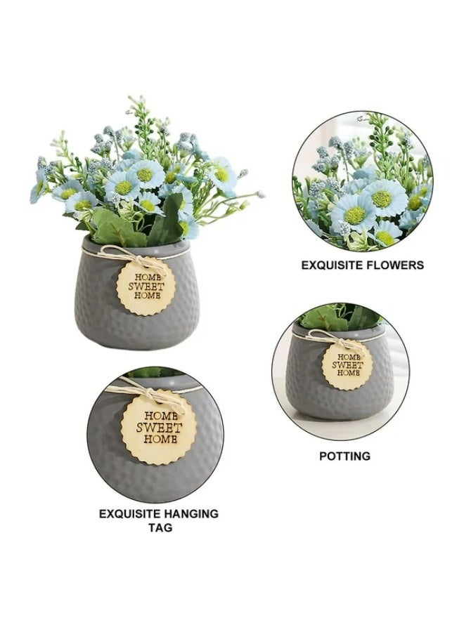 PTTIMFFM Artificial Potted Daisy Flowers Faux Silk Daisy Plant in Small Ceramic Vase for Rustic Home and Office Tabletop Decor（Blue flowers& grey pot） - Image 4