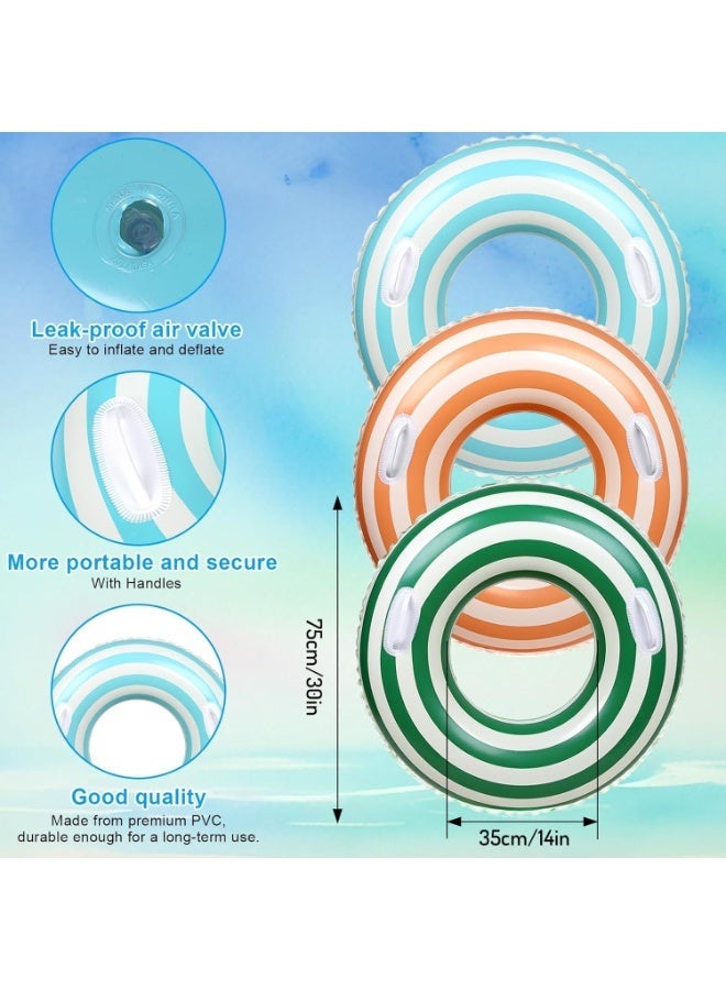HZYH 3 Pcs Inflatable Pool Swim Rings with Handles, Retro Orange Green Blue Striped Float Loungers for Summer Swimming, Pool, Beach, Bachelorette Party, 30 x 14  Inch - Image 3