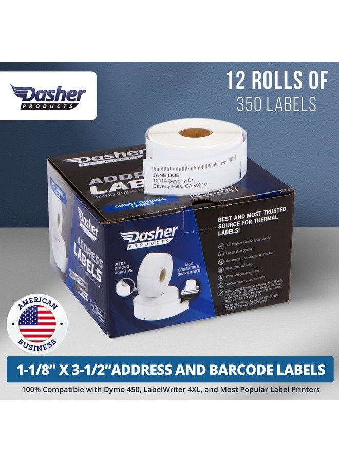 Dasher Products ملصقات العناوين متوافقة مع دايمو 30252 11 8'' X 31 2'' 12 لفة من 350 ملصق ذاتية اللصق للشحن باركود UPC متوافقة مع لابل رايتر 4XL 450 450 توربو والمزيد - Image 3
