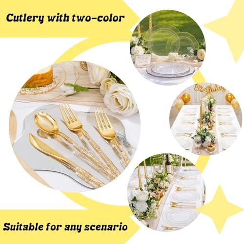 Liacere 150PCS Clear Gold Plastic Plates - Disposable Plastic Silverware with Glitter Bamboo Handle Cutlery-Baroque Clear Gold Disposable Plates for Wedding & Party & Thanksgiving &Fall Decor - Image 2