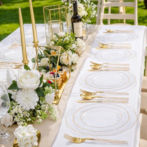 Liacere 150PCS Clear Gold Plastic Plates - Disposable Plastic Silverware with Glitter Bamboo Handle Cutlery-Baroque Clear Gold Disposable Plates for Wedding & Party & Thanksgiving &Fall Decor - Image 3