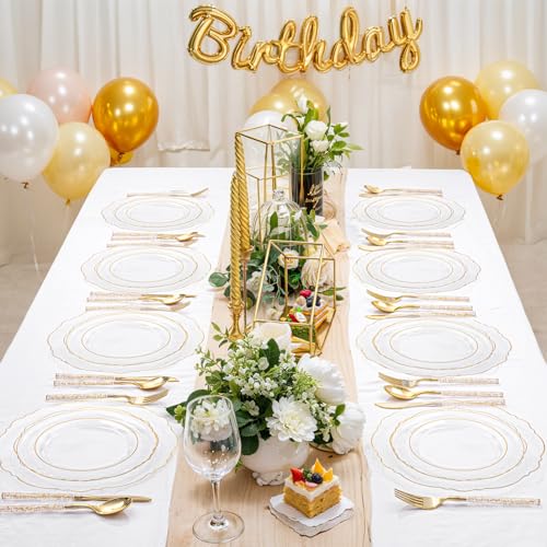 Liacere 150PCS Clear Gold Plastic Plates - Disposable Plastic Silverware with Glitter Bamboo Handle Cutlery-Baroque Clear Gold Disposable Plates for Wedding & Party & Thanksgiving &Fall Decor - Image 4
