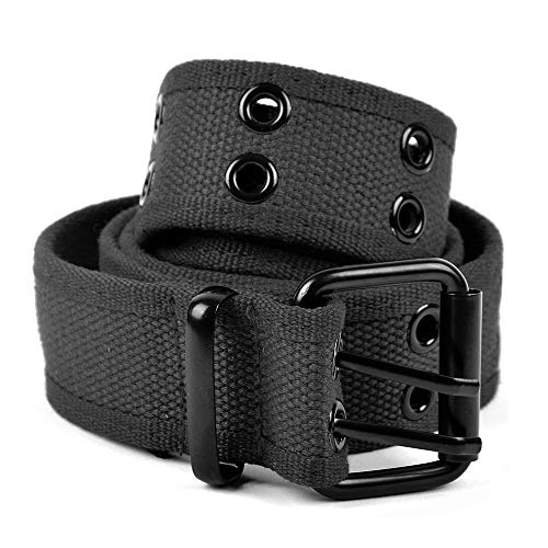 boxed-gifts Parquet Solid Color Military and Casual Canvas Belt, Double Grommet Unisex Belt for Men and Women - Black - Image 1