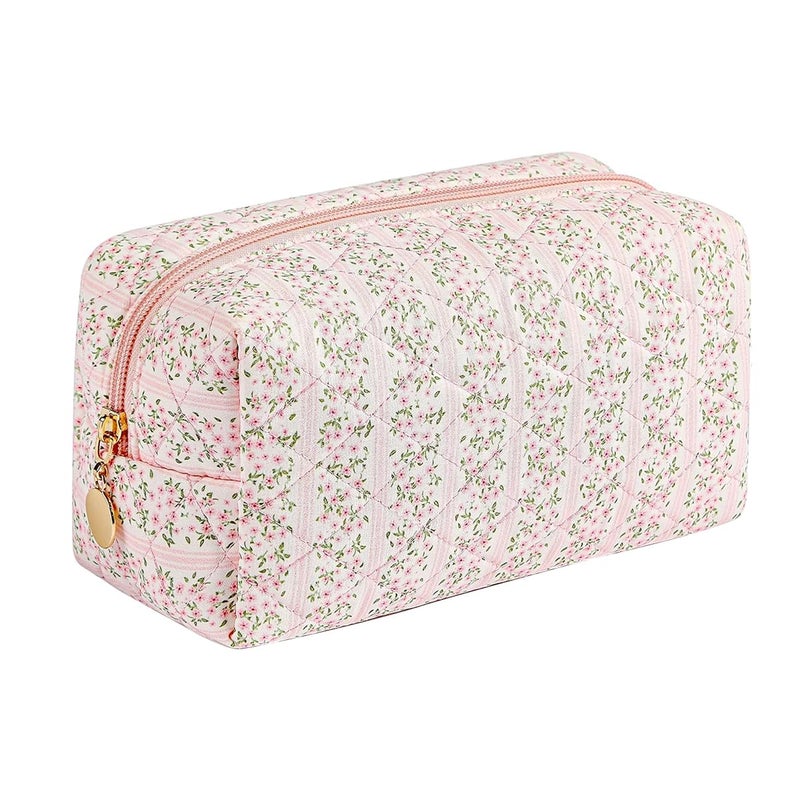 May Create MAYCREATE® Makeup Organizer Bag, Floral Prints Cosmetic Makeup Pouch Bag, Large Capacity Travel Toiletry Pouch for Women, Portable Soft Zipper Cloth Storage Bag - Pink, 20.5x9x9.5cm - Image 1