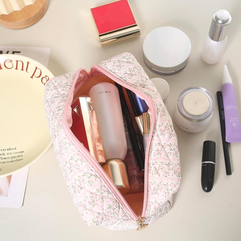 May Create MAYCREATE® Makeup Organizer Bag, Floral Prints Cosmetic Makeup Pouch Bag, Large Capacity Travel Toiletry Pouch for Women, Portable Soft Zipper Cloth Storage Bag - Pink, 20.5x9x9.5cm - Image 4