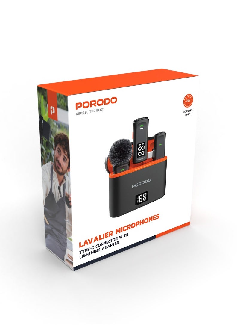 porodo - Lavalier Microphones Type-C Connector with Lightning Adapter / Low Latency/ Plug & Play/ Digital Display/ Crystal Clear Audio - Black - Image 1