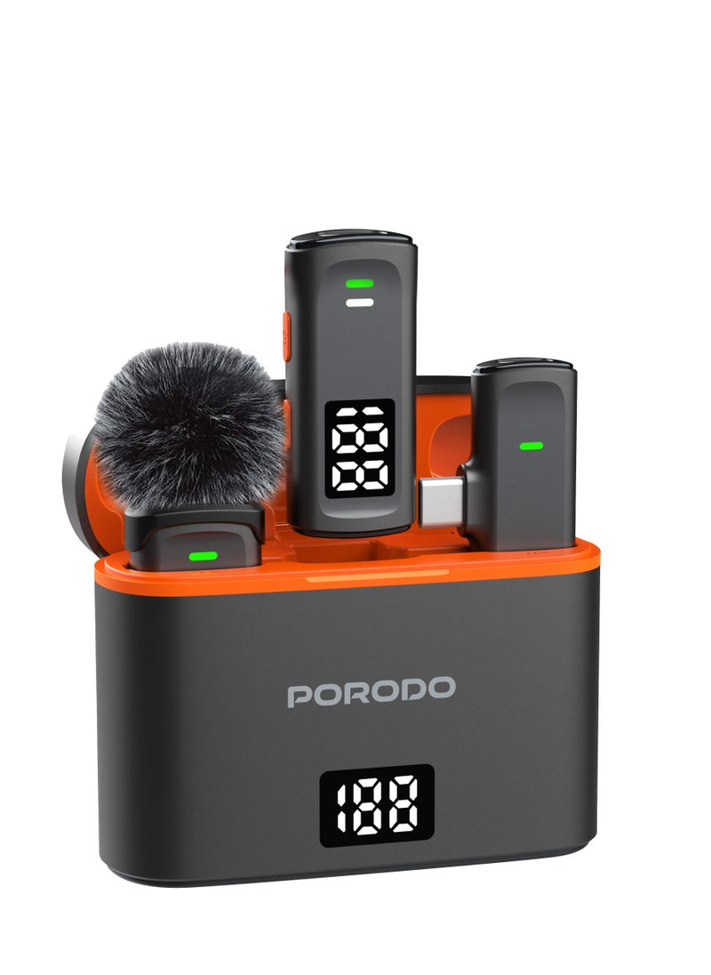 porodo - Lavalier Microphones Type-C Connector with Lightning Adapter / Low Latency/ Plug & Play/ Digital Display/ Crystal Clear Audio - Black - Image 1