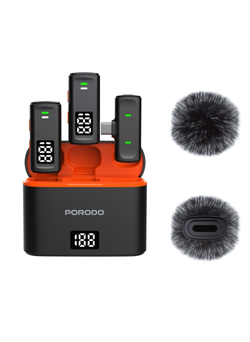 porodo - Lavalier Microphones Type-C Connector with Lightning Adapter / Low Latency/ Plug & Play/ Digital Display/ Crystal Clear Audio - Black - Image 1