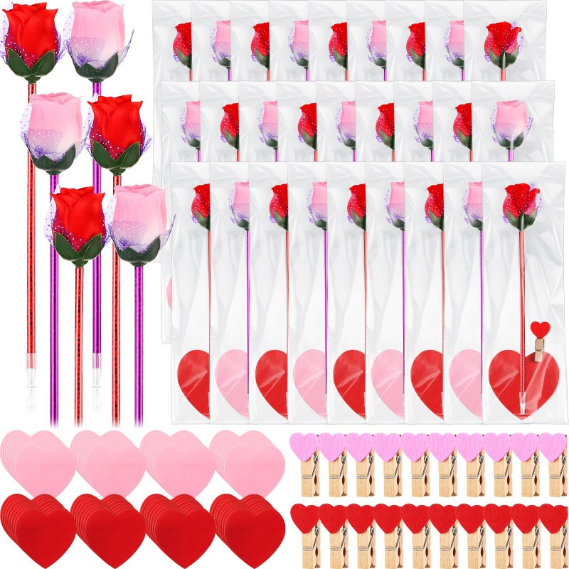 Yexiya 120 Sets Valentine's Day Flower Rose Pen Bulk Gifts with Sticky Notes Heart Clips Goodie Bags for Women Teacher Cowork Nurse Office Gift (Red and Pink) - Image 1