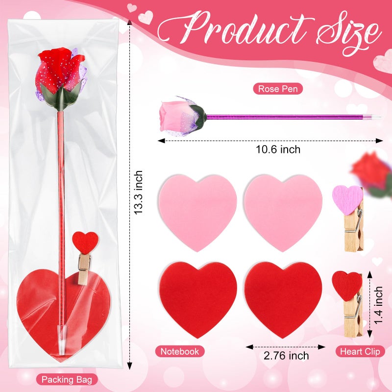 Yexiya 120 Sets Valentine's Day Flower Rose Pen Bulk Gifts with Sticky Notes Heart Clips Goodie Bags for Women Teacher Cowork Nurse Office Gift (Red and Pink) - Image 2