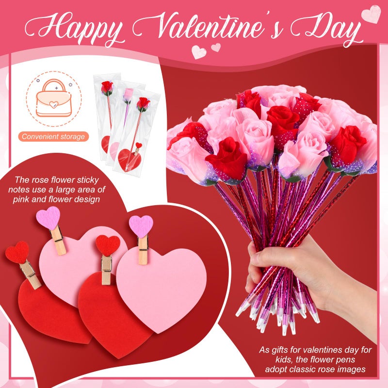 Yexiya 120 Sets Valentine's Day Flower Rose Pen Bulk Gifts with Sticky Notes Heart Clips Goodie Bags for Women Teacher Cowork Nurse Office Gift (Red and Pink) - Image 3